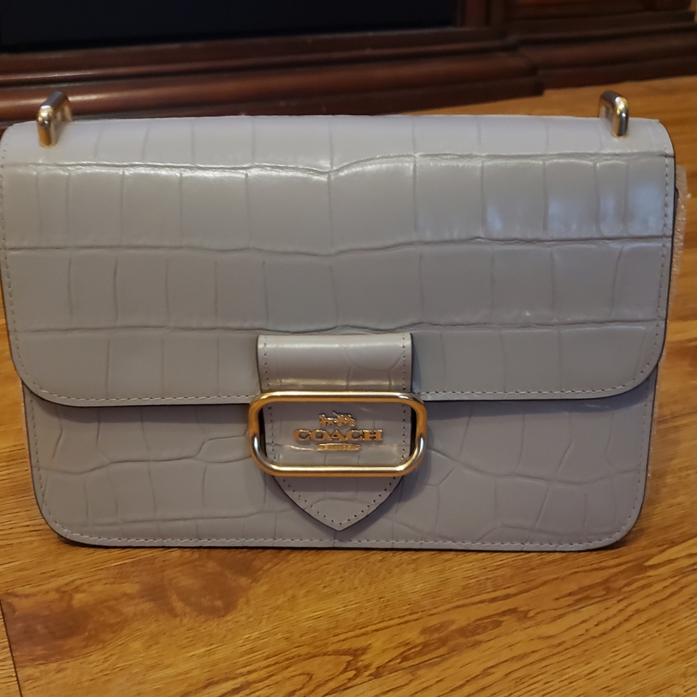 COACH LARGE MORGAN SQUARE CROSSBODY PURSE. Color is Grey Birch